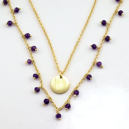 Amethyst beads with disc necklace, Two layer Brass necklace, 22k gold plated